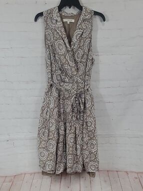 Evan Picone Brown and White Sleeveless Wrap Midi Dress